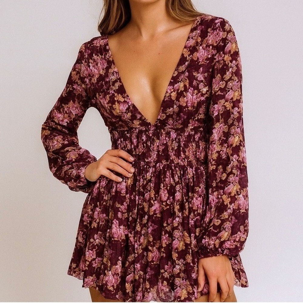 NWT Free People XS Mini Dress Floral Purple Long Sleeve Boho Cottage Western NEW